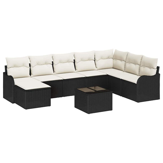 Garten-Sofa-Set mit Kissen 9 pcs Schwarz und Weiß Poly Rattan