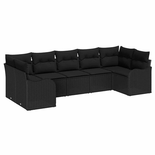 Garten-Sofa-Set mit Kissen 7 pcs Schwarz Poly Rattan