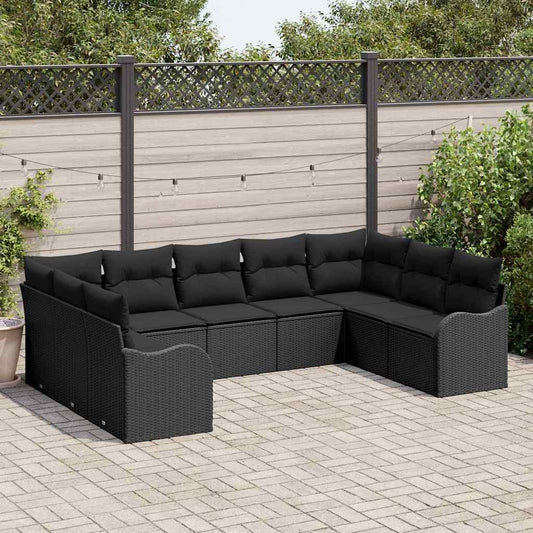 Garten-Sofa-Set mit Kissen 9 pcs Schwarz Poly Rattan