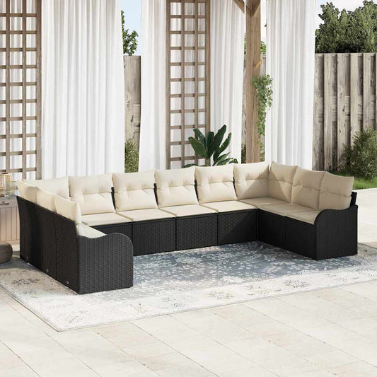 Garten-Sofa-Set mit Kissen 10 pcs Schwarz und Weiß Poly Rattan