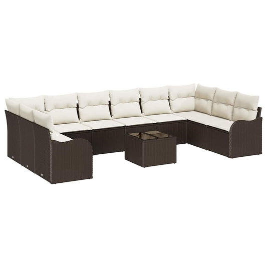 Gartensofa-set mit Speicher 11 pcs Braun und Weiß Poly-Rattan