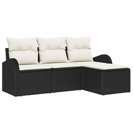 Sofa Set mit Kissen 4 pcs Schwarz und Weiß Poly-Rattan