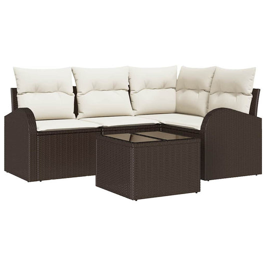 Garten-Sofa-Set mit Kissen 5 pcs Braun und Weiß Poly Rattan