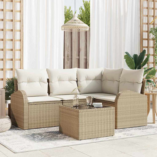 Garten-Sofa-Set mit Kissen 5 pcs Beige und Weiß Poly Rattan