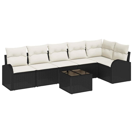 Sofa Set mit Kissen 7 pcs Schwarz und Weiß Poly-Rattan