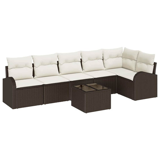 Garten-Sofa-Set mit Kissen 7 pcs Braun und Weiß Poly Rattan