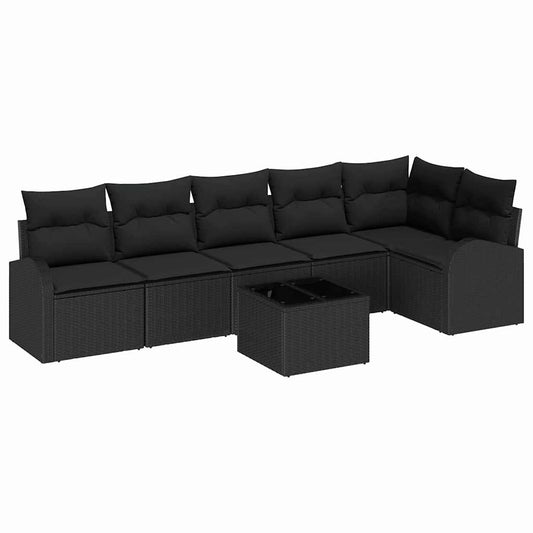 Garten-Sofa-Set mit Kissen 7 pcs Schwarz Poly Rattan