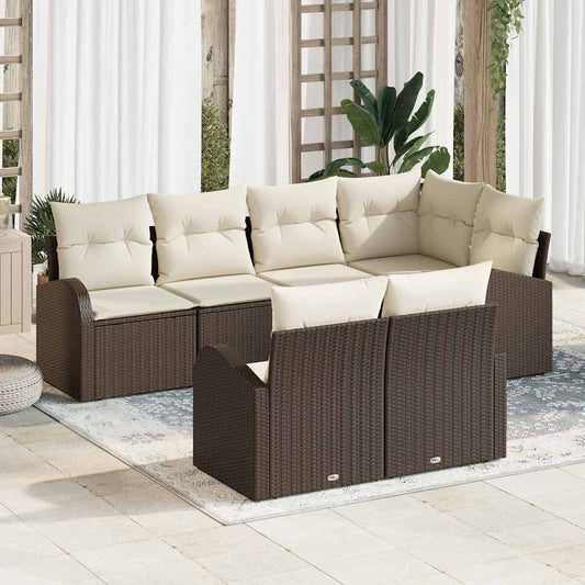 Garten-Sofa-Set mit Kissen 7 pcs Braun und Weiß Poly Rattan