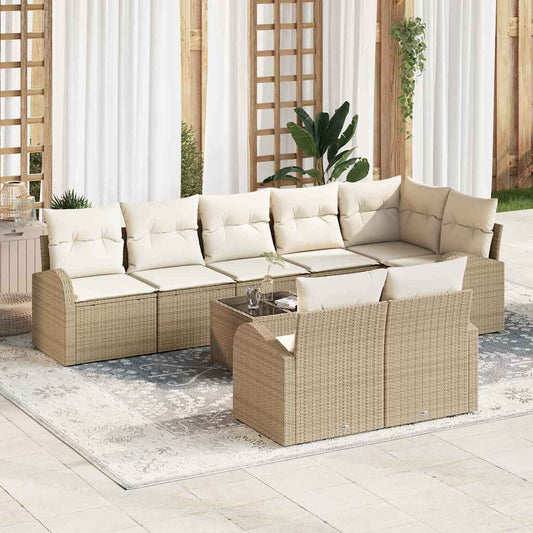 Garten-Sofa-Set mit Kissen 9 pcs Beige und Weiß Poly Rattan