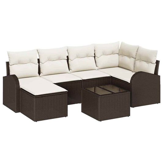 Garten-Sofa-Set mit Kissen 7 pcs Braun und Weiß Poly Rattan