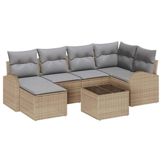 Garten-Sofa-Set mit Kissen 7 pcs Beige und Hellgrau Poly Rattan
