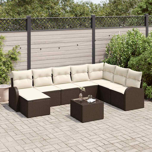 Garten-Sofa-Set mit Kissen 9 pcs Braun und Weiß Poly Rattan