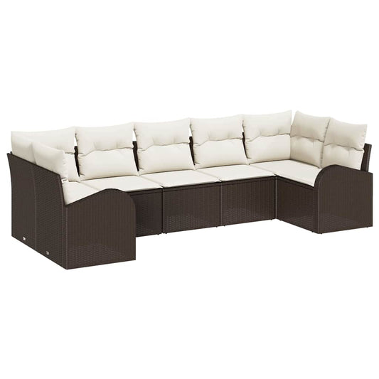 Garten-Sofa-Set mit Kissen 7 pcs Braun und Weiß Poly Rattan