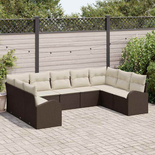 Garten-Sofa-Set mit Kissen 9 pcs Braun und Weiß Poly Rattan
