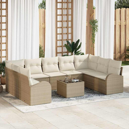 Garten-Sofa-Set mit Kissen 10 pcs Beige und Weiß Poly Rattan