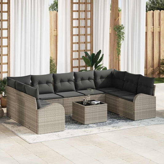 Garten-Sofa-Set mit Kissen 10 pcs Hellgrau Poly Rattan