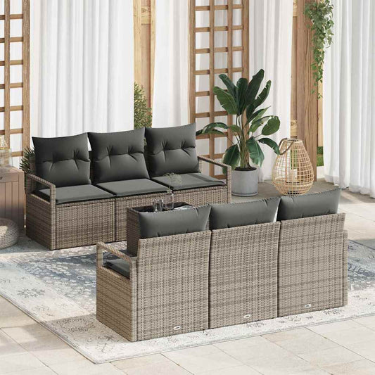 Garten-Sofa-Set 7 pcs Grau Poly-Rattan und Stahl und Glas