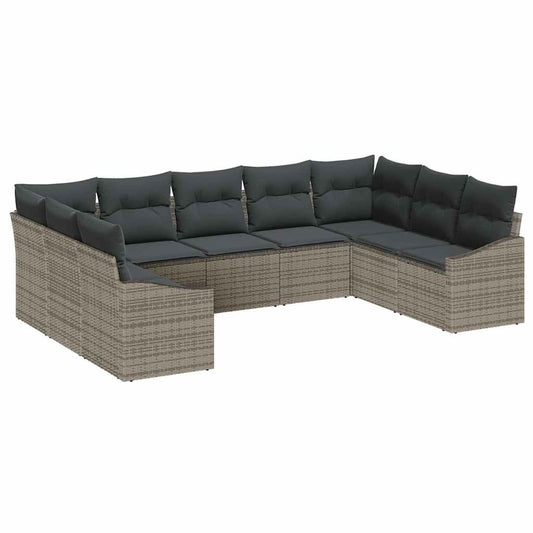 Gartensofa-set mit Kissen mit Speicher 9 pcs Grau Poly-Rattan