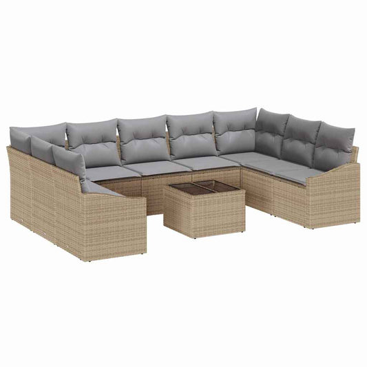Gartensofa-set mit Kissen 9 pcs Beige und Hellgrau Poly-Rattan