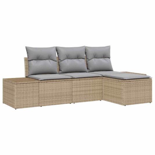 Garten-Sofa-Set mit Kissen 4 pcs Beige und Hellgrau Poly-Rattan