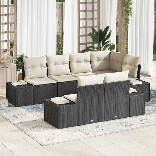 Garten-Sofa-Set mit Kissen mit Speicher 7 pcs Schwarz und Creme