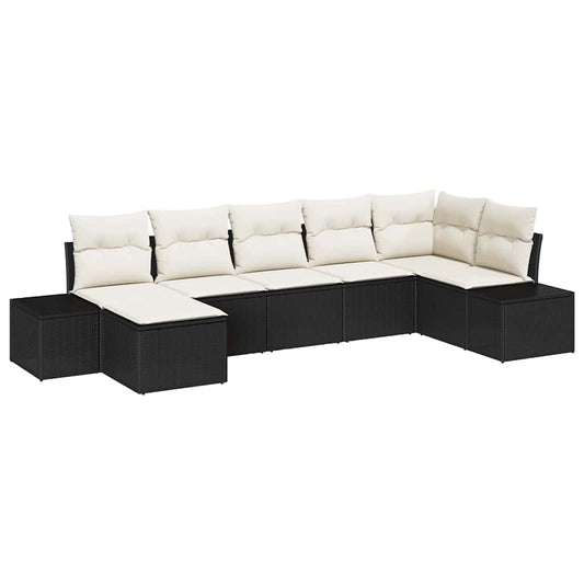 Garten-Sofa-Set mit Kissen 7 pcs Schwarz Poly Rattan