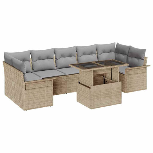 Garten-Sofa-Set mit Kissen mit Speicher 8 pcs Beige Poly Rattan