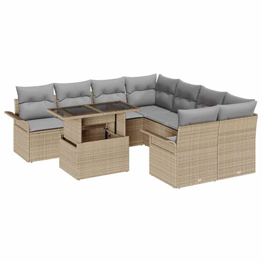 Garten-Sofa-Set mit Kissen mit Speicher 9 pcs Beige Poly Rattan
