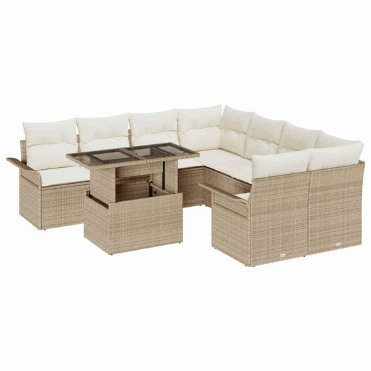 Garten-Sofa-Set mit Kissen mit Speicher 9 pcs Beige Poly Rattan