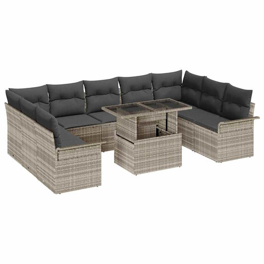 Garten-Sofa-Set mit Kissen 10 pcs Hellgrau Poly Rattan