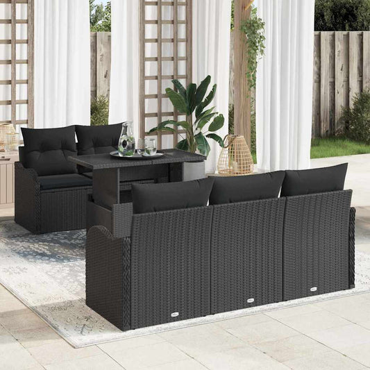 Garten-Sofa-Set mit Kissen mit Kissen 6 pcs Schwarz Poly Rattan