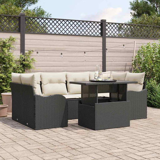 Garten-Sofa-Set mit Kissen mit Kissen 7 pcs Schwarz Poly Rattan
