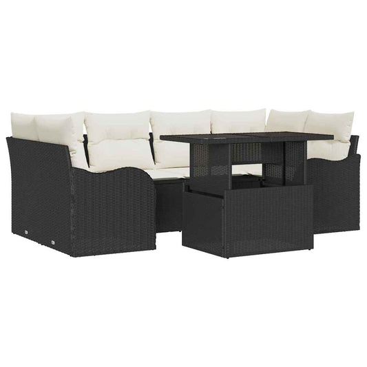 Garten-Sofa-Set mit Kissen mit Kissen 7 pcs Schwarz Poly Rattan