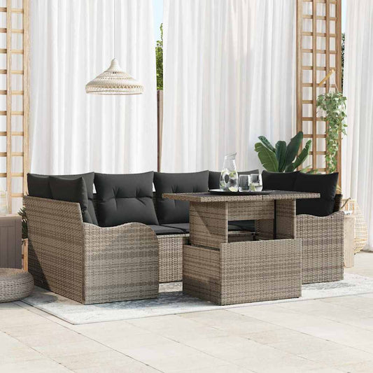 Garten-Sofa-Set mit Kissen mit Speicher 7 pcs Grau Poly Rattan