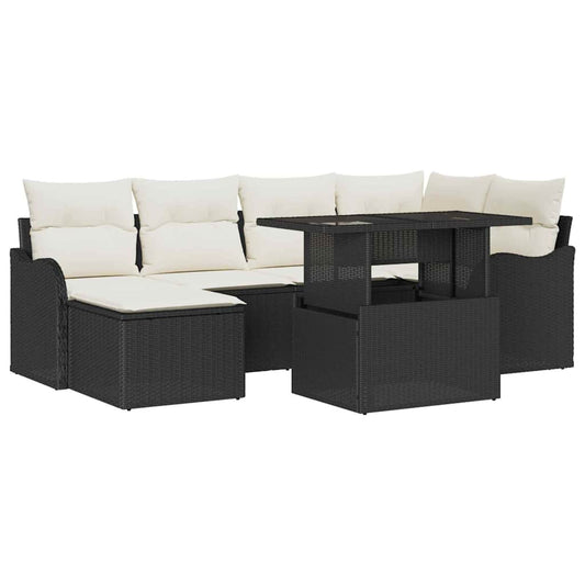 Garten-Sofa-Set mit Kissen 7 pcs Schwarz Poly Rattan