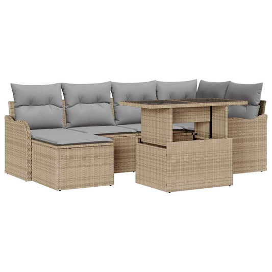 Garten-Sofa-Set mit Kissen mit Speicher 7 pcs Beige Poly Rattan