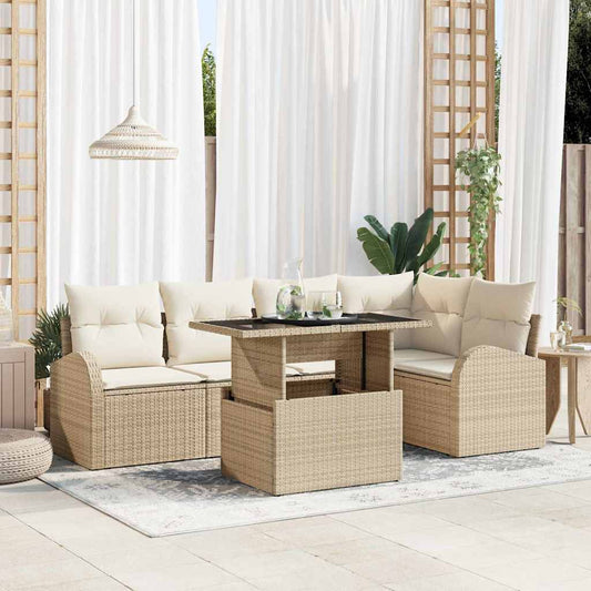 Garten-Sofa-Set mit Kissen mit Speicher 6 pcs Beige Poly Rattan
