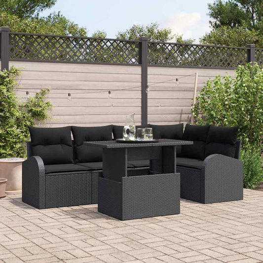 Garten-Sofa-Set mit Kissen mit Kissen 6 pcs Schwarz Poly Rattan