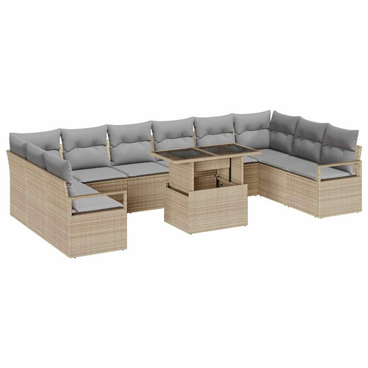 Gartensofa-set mit Kissen mit Speicher 11 pcs Beige Poly-Rattan