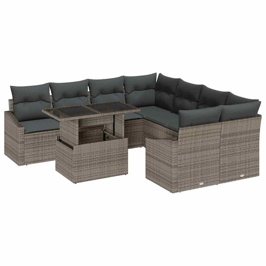 Garten-Sofa-Set mit Speicher 9 pcs Grau Poly Rattan
