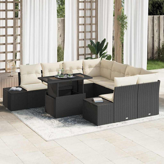 Garten-Sofa-Set 9 pcs Schwarz und Creme 100 x 55 x 73 cm