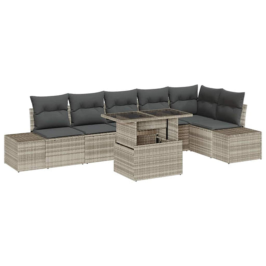 Garten-Sofa-Set mit Speicher 7 pcs Hellgrau Poly Rattan