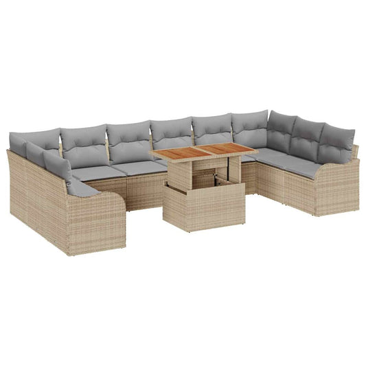 Garten-Sofa-Set mit Speicher 11 pcs Beige Poly Rattan