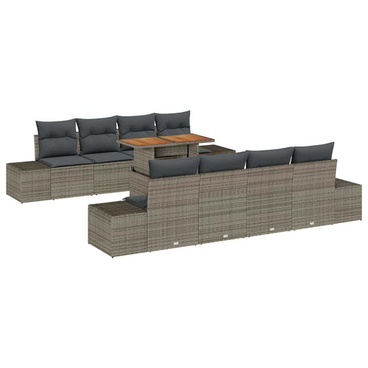 Garten-Sofa-Set mit Speicher 9 pcs Grau Poly Rattan