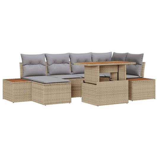 Garten-Sofa-Set mit Speicher 7 pcs Beige Poly Rattan