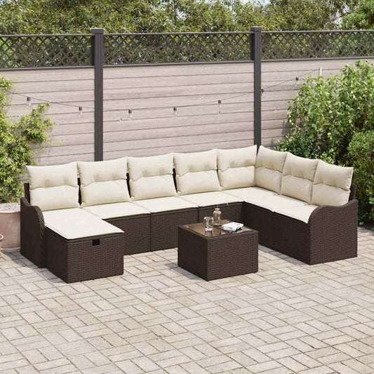 Sofa Set mit Kissen 9 pcs Braun und Creme Poly-Rattan