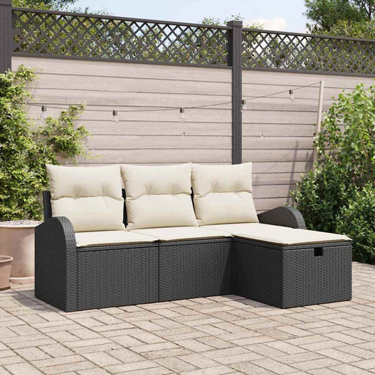 Sofa Set mit Kissen 4 pcs Schwarz und Creme Poly-Rattan