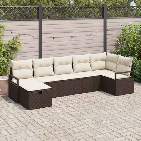 Sofa Set mit Kissen 7 pcs Braun und Creme Poly-Rattan