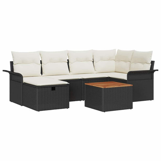 Garten-Sofa-Set mit Kissen 7 pcs Schwarz Poly Rattan