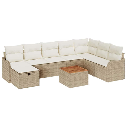 Garten-Sofa-Set mit Kissen mit Speicher 9 pcs Beige Poly Rattan